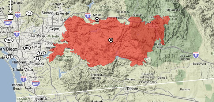 Map of Southern California showing the 1970 wildfire burn area, alongside a photo of active fire approaching structures