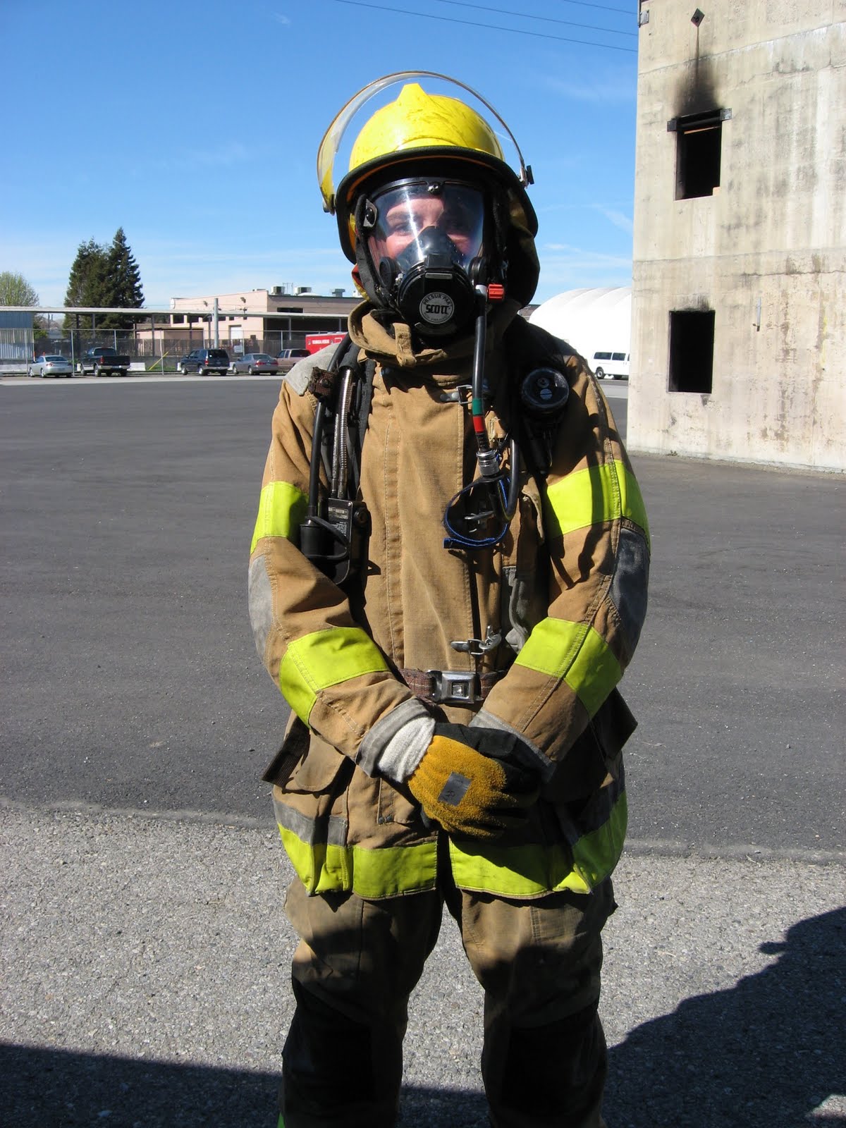 James Duffy in full fire gear at the San Jose Fire Explorer Program burn building