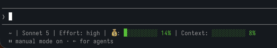 Claude Code terminal showing a custom status line with folder, model name, effort level, a green usage bar at 14%, and a green context bar at 8%